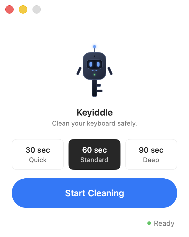 The Keyiddle app window: Keydy the robot mascot above duration presets of 30, 60, and 90 seconds, and a Start Cleaning button.